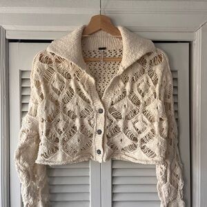 Free People Cream Open-Knit Cropped Cardigan